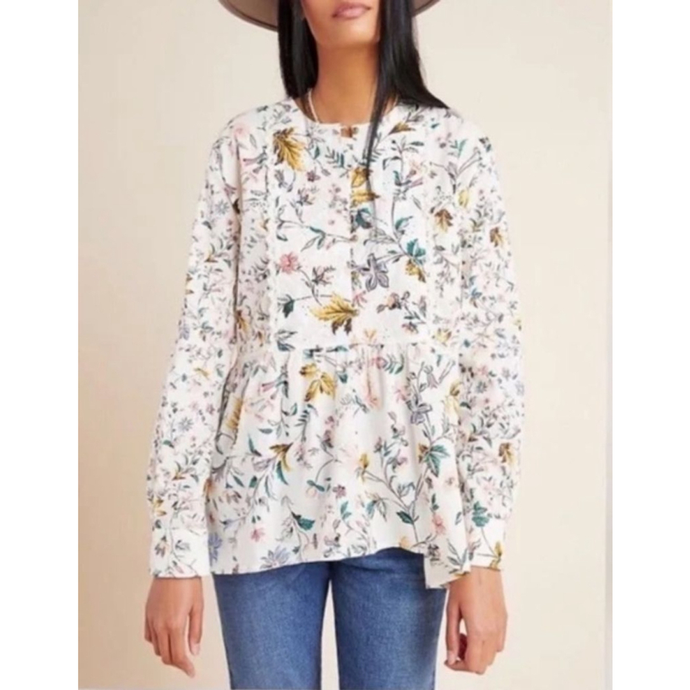 ANTHROPOLOGIE Ginevra Lace Babydoll Blouse M White Floral Long Sleeve